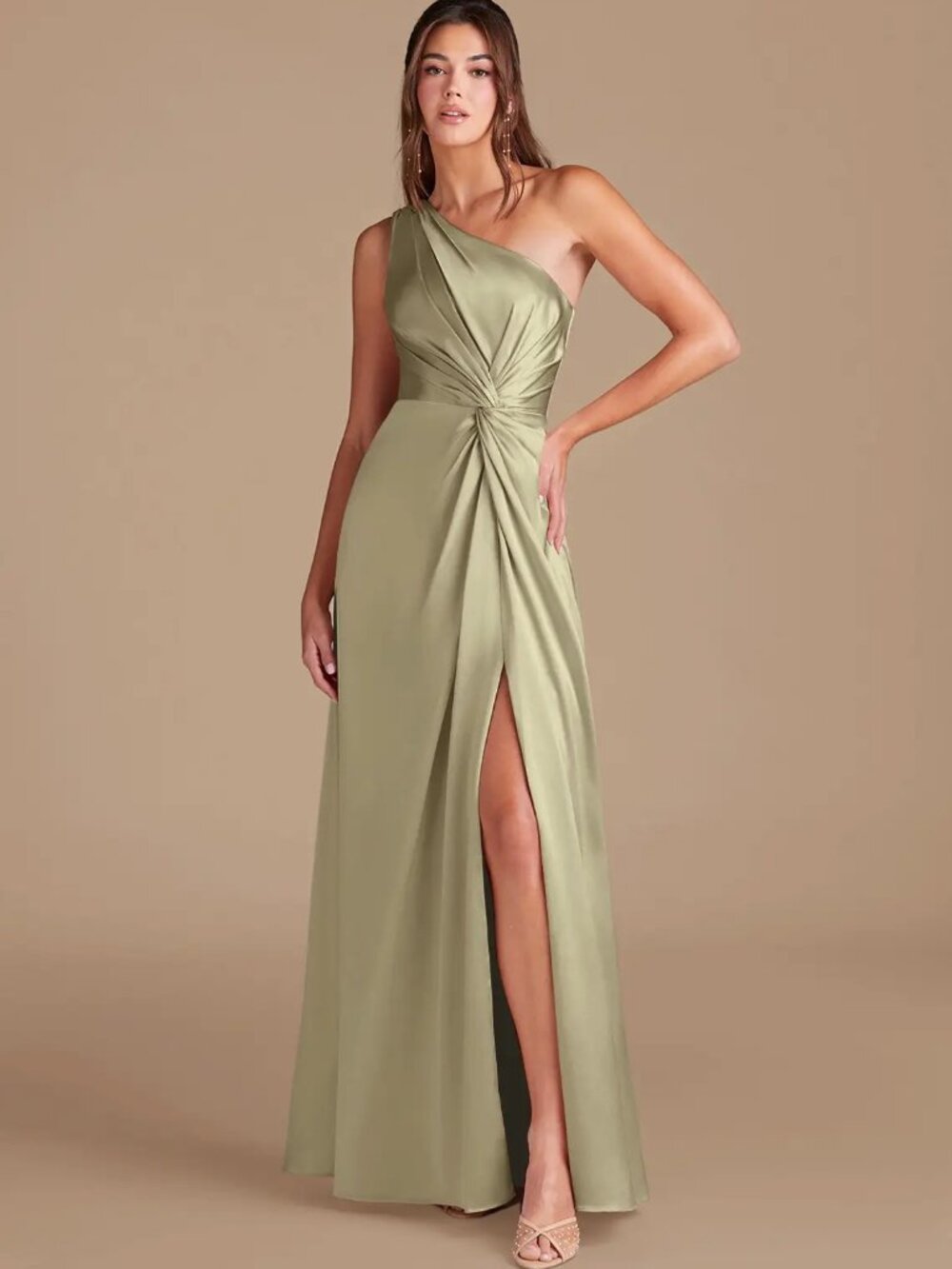Azazie Brooke  Moss Green A-Line One Shoulder Metallic Satin